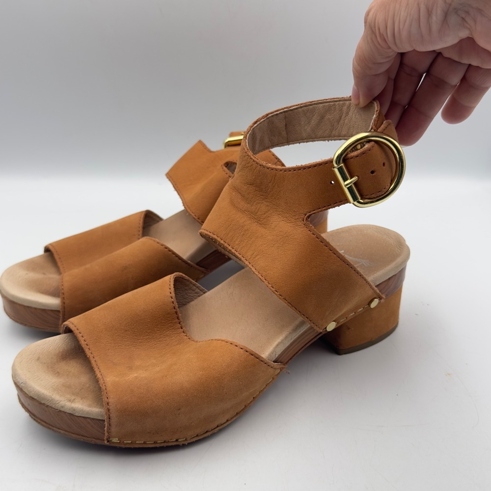 Dansko Minka Sandal Tan Leather Wood Platform Clog 38 7.5/8 Ankle Strap Boho